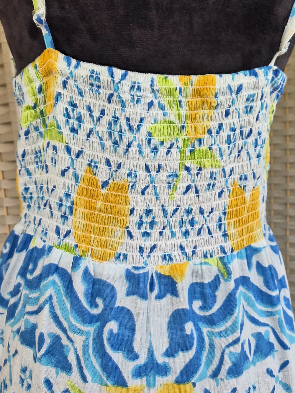 🍋Lemon Tile Print Maxi Dress w/ Beaded Accents-Blue & Yellow - Picture 4 of 10